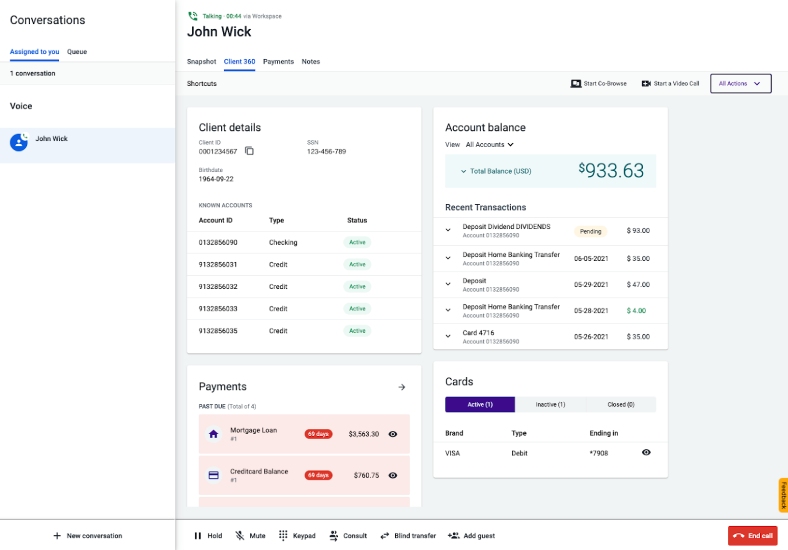Talkdesk’s Banking Workspace interface showing financial information for a customer named John Wick; the window panels include client details, account balance, payments, and card information.
