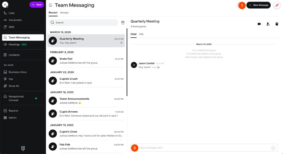Vonage interface showing the Team Messaging tab, which displays a list of recent chats, and an open conversation channel titled Quarterly Meeting.
