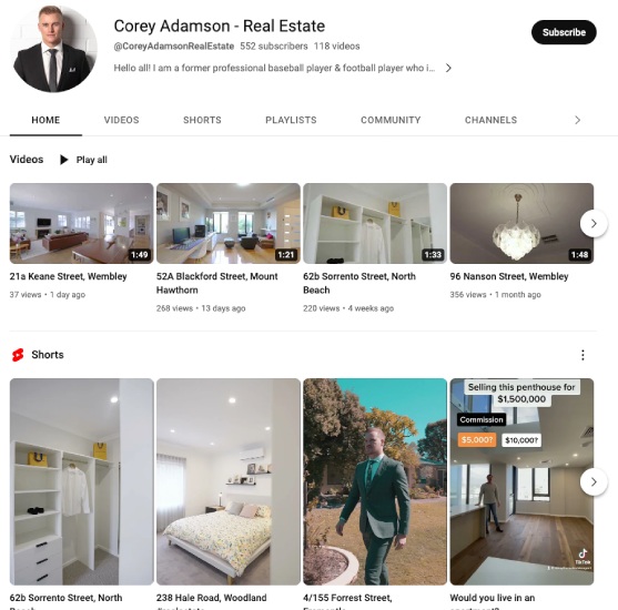 Example real estate agent YouTube channel with videos and shorts.