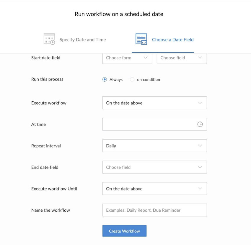 Zoho Creator interface showing the configurations for when to run workflows, including input fields for start date field, time, and end date field.