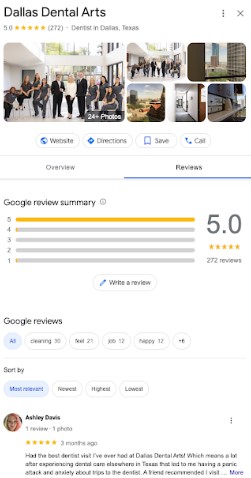 Google reviews for a Dallas dentist