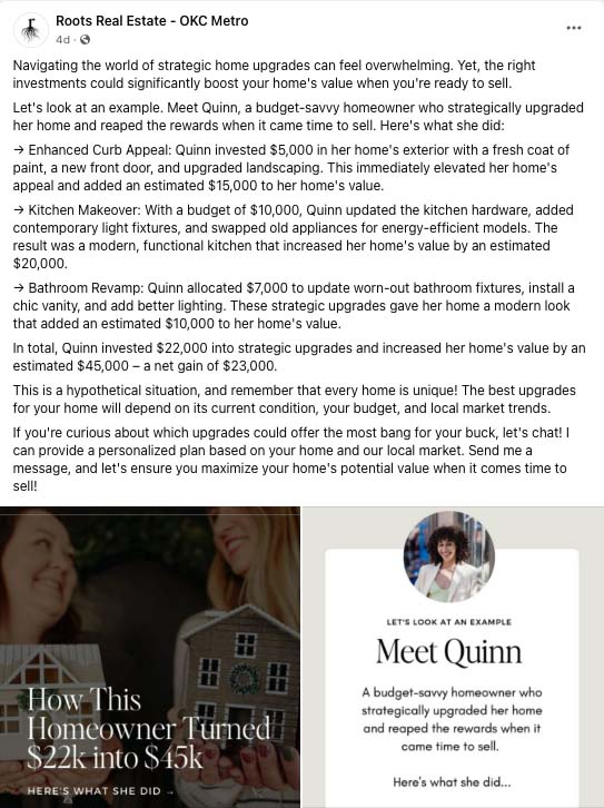 Facebook post from Roots real estate about home upgrades.