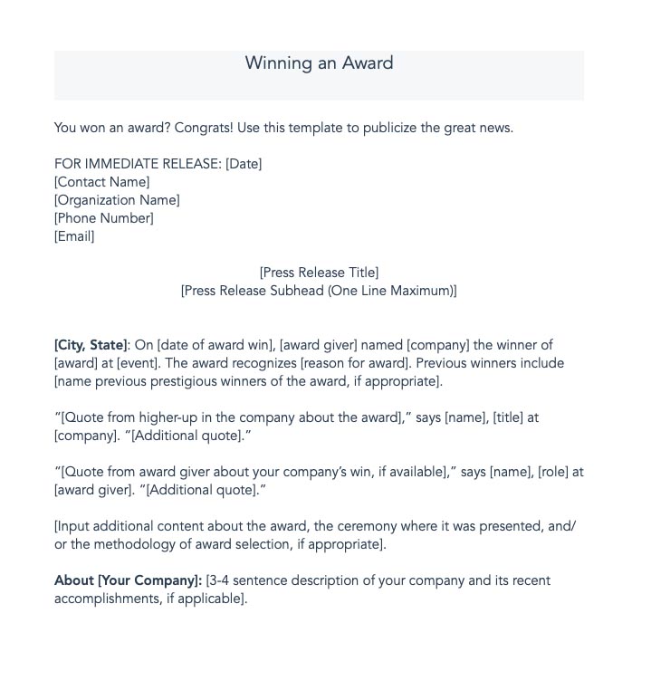 HubSpot press release example for winning an award.