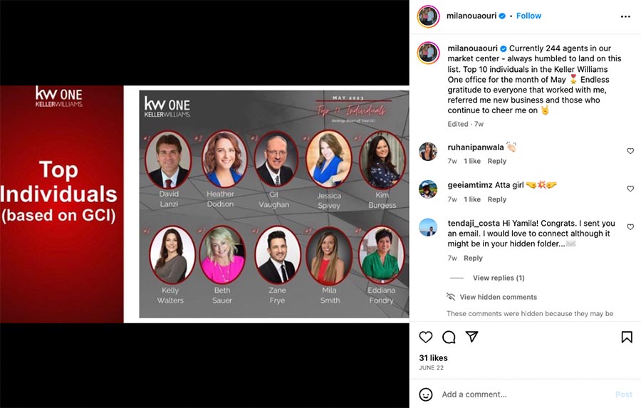 Instagram post from real estate agent showing a Keller Williams award.