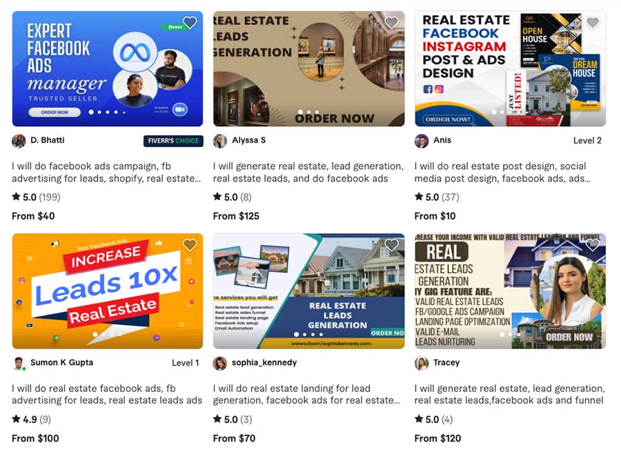 Real estate Facebook ad managers on Fiverr.