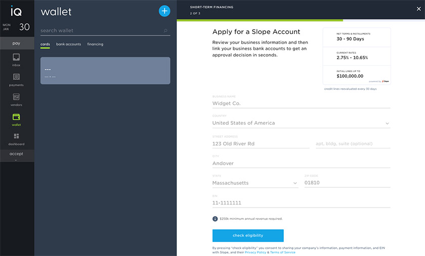 Screenshot of the process of applying for short-term financing through Plastiq with a Slope account.