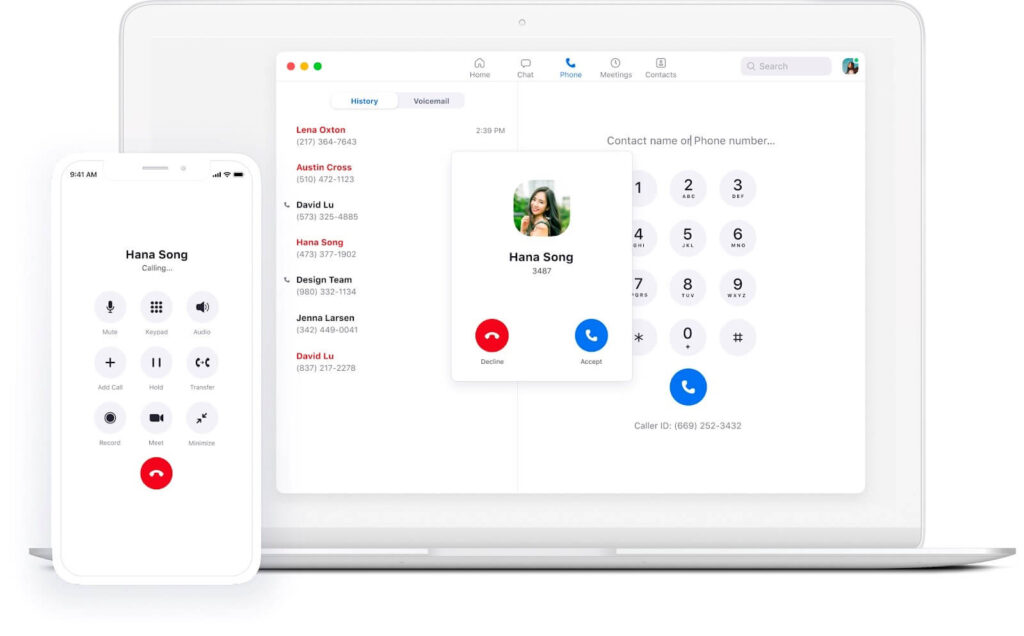 A smartphone showing an outgoing call to a contact and Zoom Phone’s desktop interface displaying a list of previous calls, a dialpad, and a dialog box for an incoming call