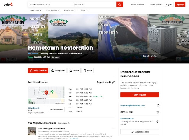 Yelp profile for a roofing company