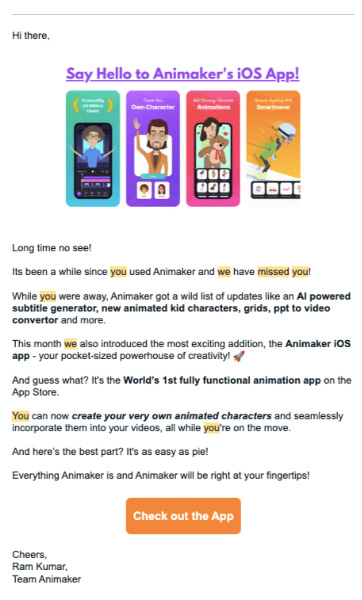 An email from Animaker telling recipients about various business updates