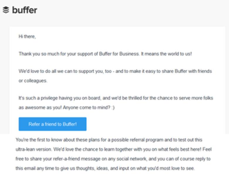 An email from the platform Buffer requesting referrals from existing customers.
