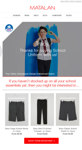 An email from the retail brand Matalan cross-selling similar products to the recipients' purchase.