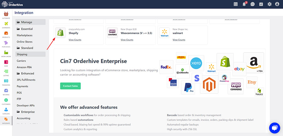 Screenshot of Cin7 Orderhive showing the integrations tool.