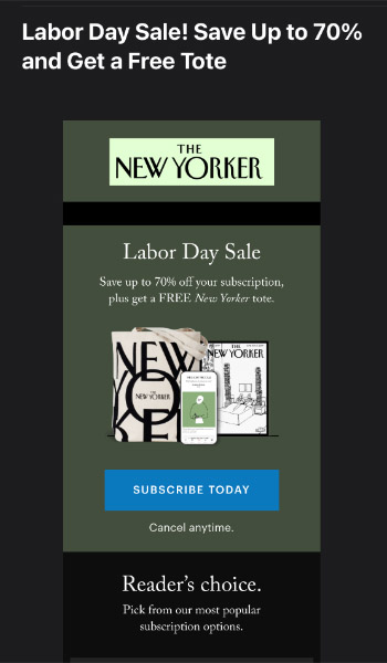 Labor Day sale announcement from The New Yorker.