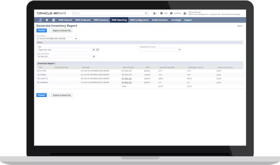 Image of NetSuite WMS screen showing inventory report.