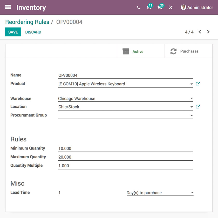Image of Odoo interface for reorder settings.