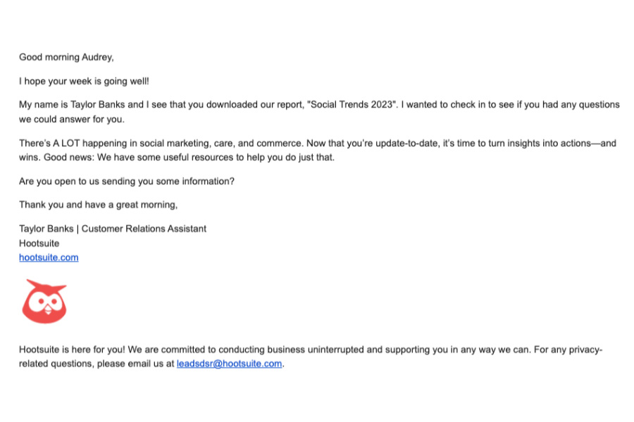 Sample business introduction email from Hootsuite.