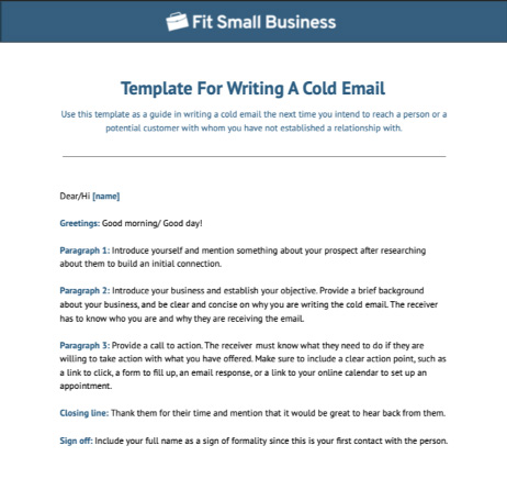 Template for writing a cold email from Fit Small Business.