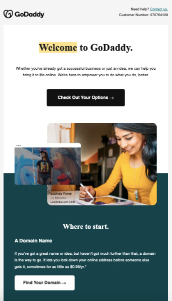 Welcome email for new subscribers from GoDaddy.