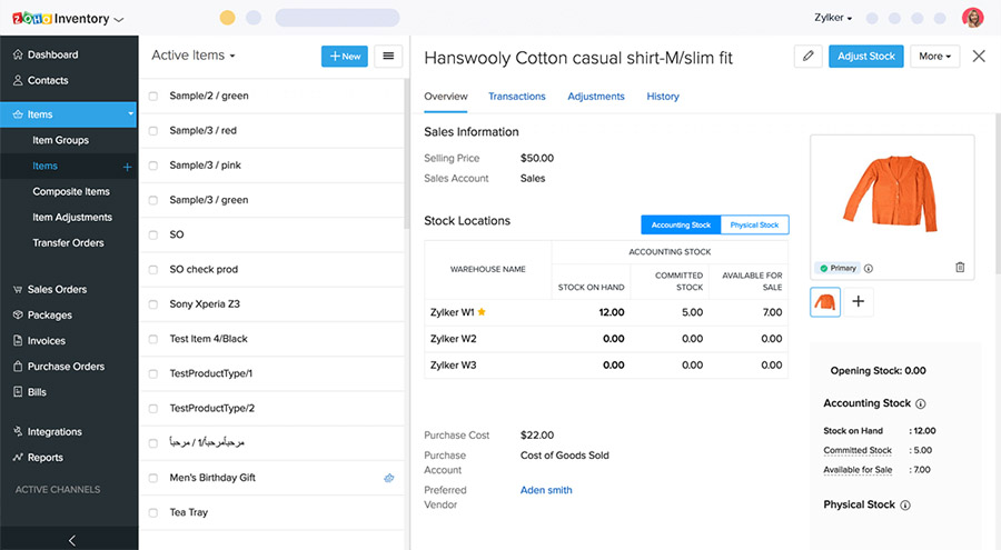 Screenshot of Zoho Inventory showing stock management.