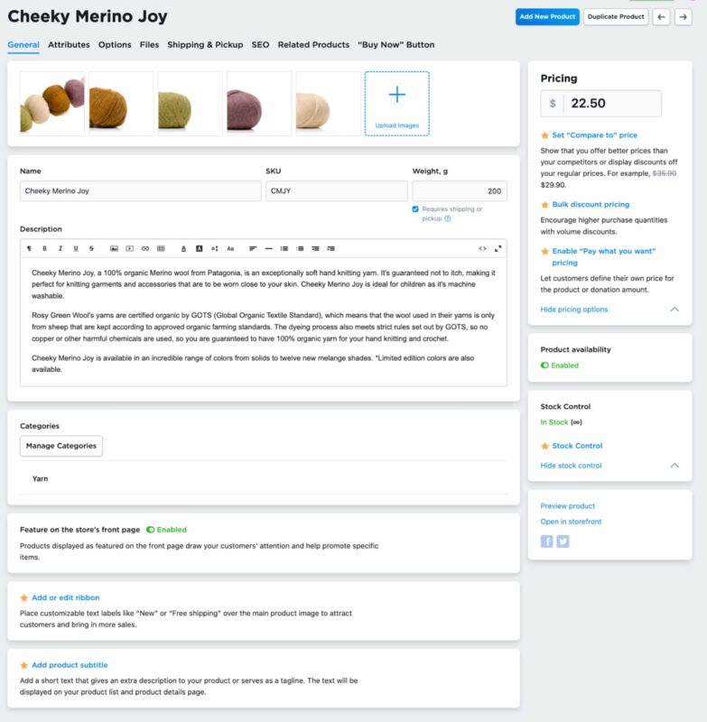 Ecwid product page settings to set up product name, photos, SKU, weight, description, and price.