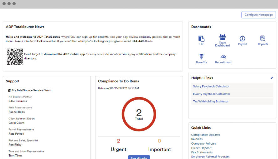 ADP TotalSource main dashboard sample.