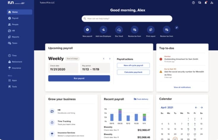 ADP Run’s main dashboard snapshot.
