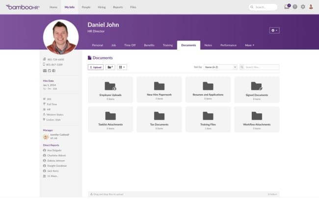 Example of BambooHR’s employee profiles.