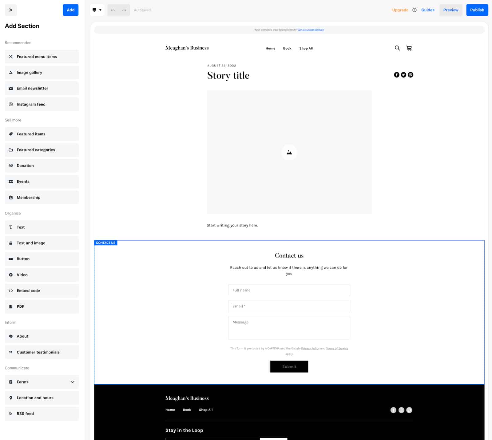 Square page builder that you can add sections or features to your pages from the available blocks.