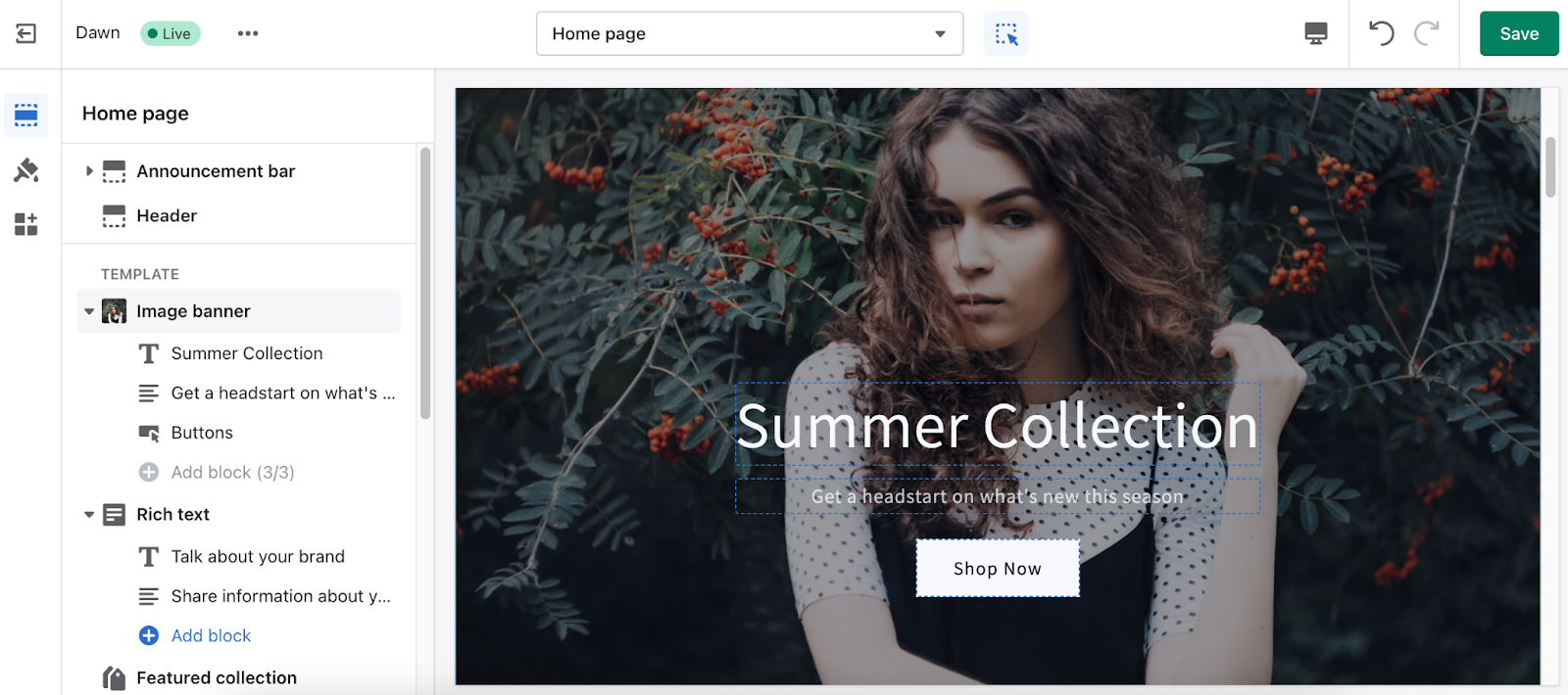 Shopify Website Builder using Dawn Theme drag-and-drop building blocks.